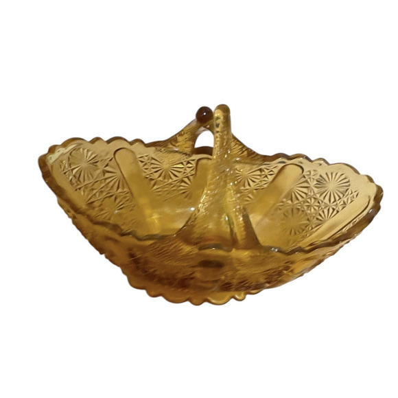 Vintage Fenton Honey Amber Daisy Button Glass Basket with Split Twig Handle MCM - Picture 8 of 8